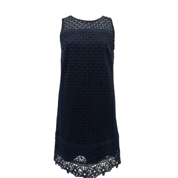 NWT Ann Taylor Loft Navy Blue‎ Fan Crochet Lace Shift Dress Size 0 Sleeveless - Picture 1 of 11